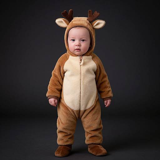 Photograph of a baby in a brown, reindeer-themed onesie with antlers, standing against a black background. The onesie has a cream
