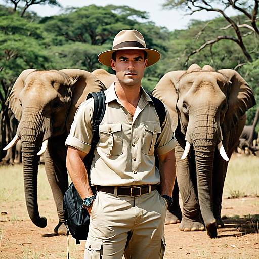 Man in Safari Outfit with Elephants