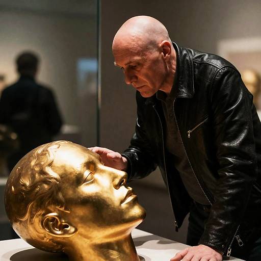 Bald Man with Gold Sculpture in Focus