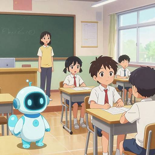 Anime-style classroom scene with five students, one robot, teacher in yellow vest, chalkboard, window, bright daylight, desks, and textbooks.