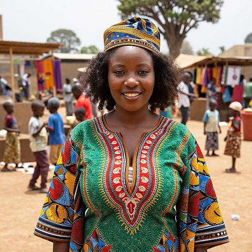 Photograph of a smiling African woman with dark skin, curly hair, wearing a colorful, patterned dress and matching headwrap, in a bustling outdoor