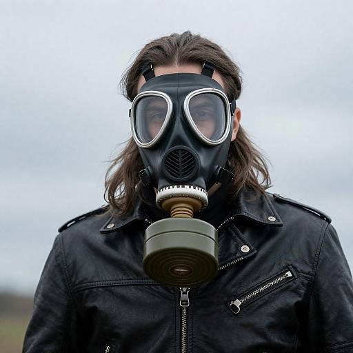 Man Wearing Black Gas Mask and Leather Jacket