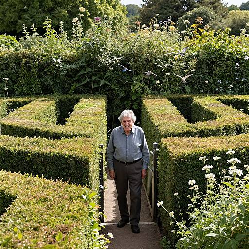 Elderly Man in Hedge Maze Garden