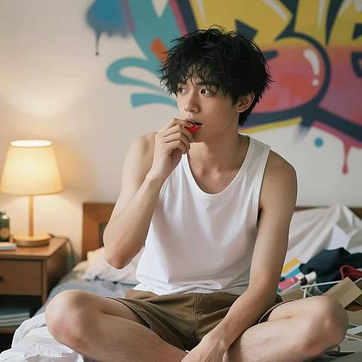 Young man sitting on bed with graffiti background