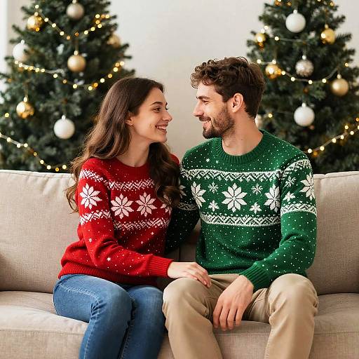 Photograph of a smiling couple in festive red and green Christmas sweaters, seated on a beige couch, with decorated Christmas trees in the background.