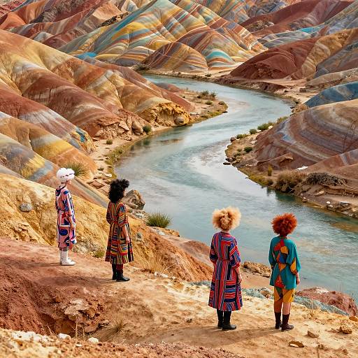 Photograph of four people with colorful, patterned traditional dresses standing on a rocky hill overlooking a winding river in a vibrant, multicolored, striped