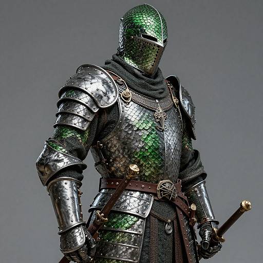 CGI-rendered knight in shiny, green-scaled armor with silver highlights, black mesh scarf, brown belt, and sheathed sword, standing against