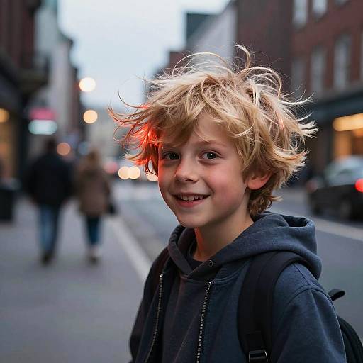 Strawberry Blonde Boy in City Dusk