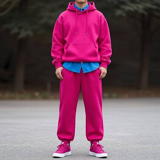 Photograph of a person wearing a bright pink hoodie, matching pink track pants, blue shirt, and pink sneakers, standing on a gray pavement with a