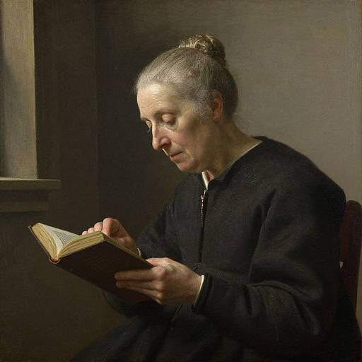 Photograph-style painting of a focused elderly woman with gray hair in a bun, wearing a black dress, reading a book in dim light.