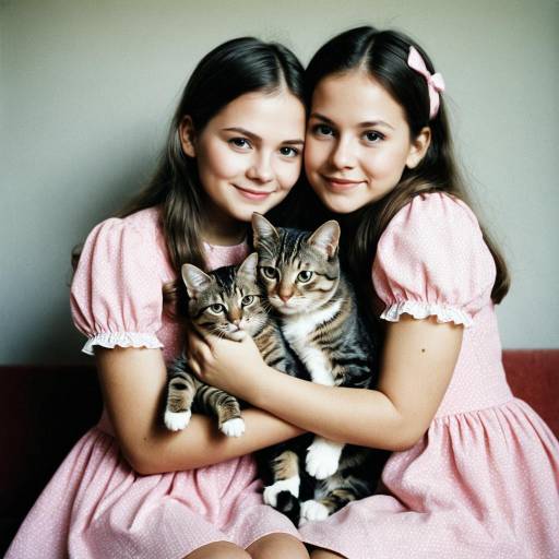 Two Sisters in Pink Dresses Holding Tabby Cats