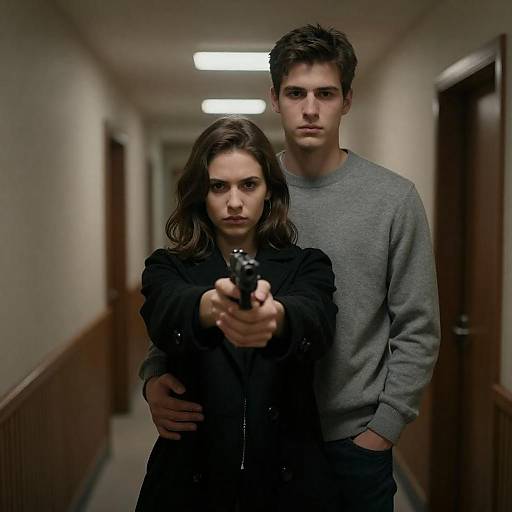 Couple in Dim Hallway With Handgun