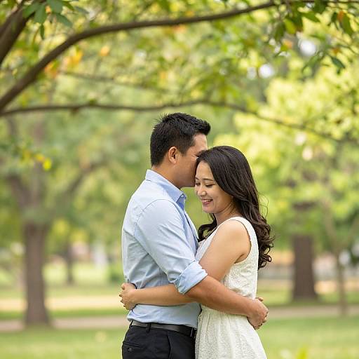 Photograph of an Asian couple in a park, man in light blue shirt and black pants, woman in white dress, embracing and smiling, surrounded by