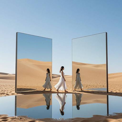 Photograph of two women in white dresses walking between mirrored panels, reflecting desert dunes and sky, standing in a sandy, reflective pool.