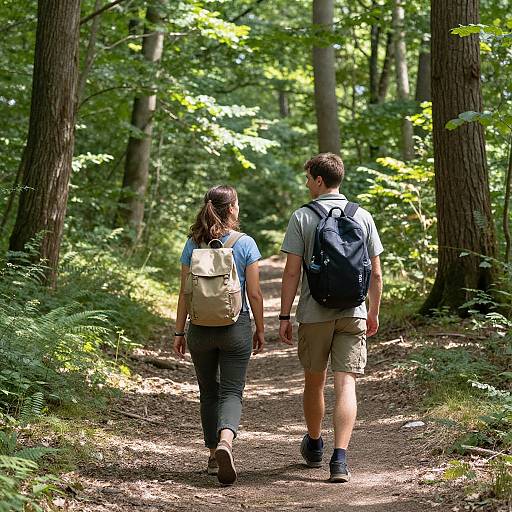 Photograph of a couple walking on a sunlit forest path, both wearing backpacks, with tall trees and green foliage surrounding them.