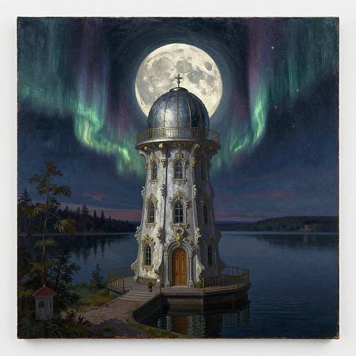 Moonlit Baroque Observatory on Black Lake