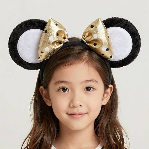 Photograph of a young girl with light skin and brown hair, wearing black and gold Minnie Mouse ears with white circles. She smiles softly at the