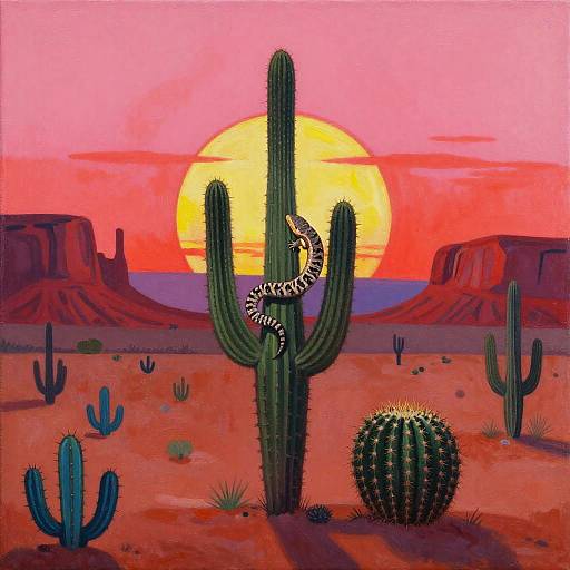 Digital painting of a sunset desert scene with a striped snake on a tall cactus, surrounded by other cacti, and a bright orange sun behind