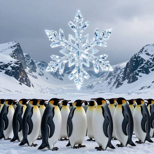 Photograph of a group of Emperor penguins standing on snowy ground, with a large, glowing, white ice crystal in the background, set against a