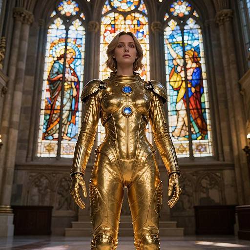 Photorealistic CGI of a blonde woman in a gold, armored suit with blue gems, standing in a cathedral with colorful stained glass windows.