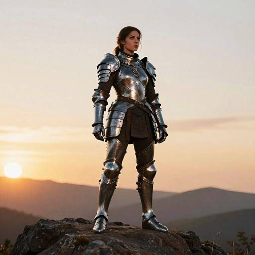 Photograph of a determined woman in silver medieval armor standing on a rocky cliff at sunset, with mountains in the background.