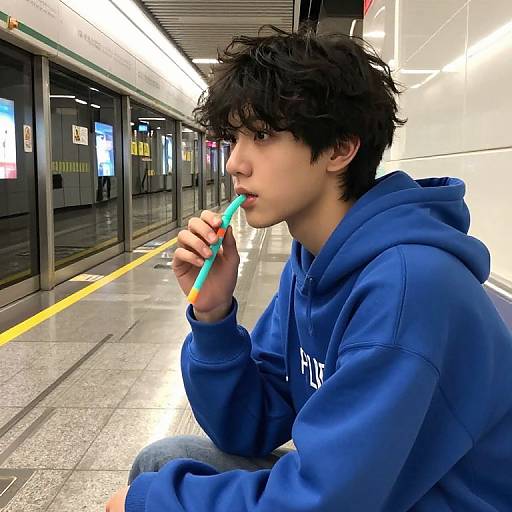 Photograph of a young man with messy black hair, wearing a blue hoodie, sitting on a subway platform, sucking on a blue and green striped l