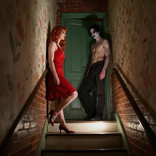 Mysterious Encounter on Dimly Lit Stairway