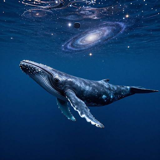 Digital art of a blue whale swimming underwater with a galaxy, stars, and swirling cosmic patterns in the background.