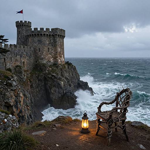 Photograph of a medieval stone castle with a red flag on a rocky cliffside, overlooking a turbulent ocean, under a cloudy sky. Foreground has