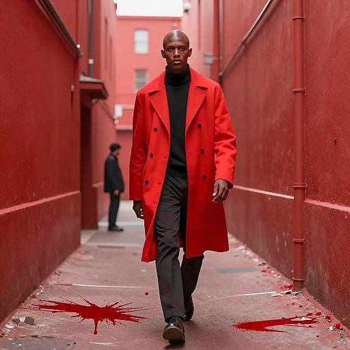 Bald Man in Red Coat Walking Alley
