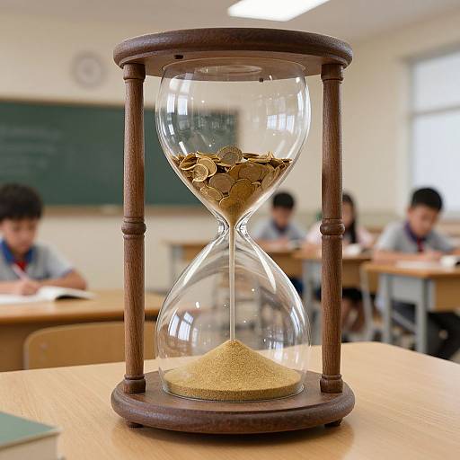 Photograph of a wooden hourglass with sand in the lower chamber, placed on a classroom desk, with blurred students in the background studying.