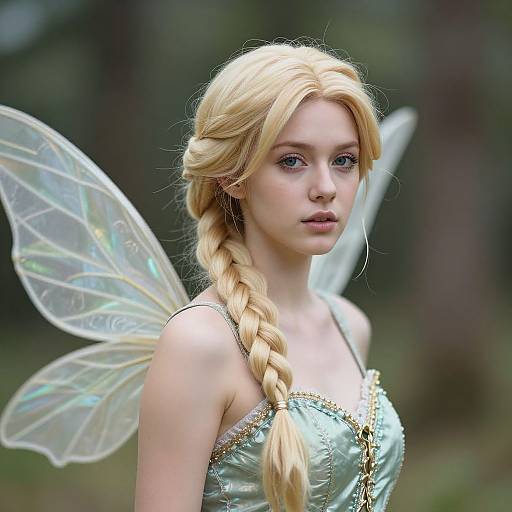 Digital artwork of a fair-skinned, blonde fairy with iridescent wings, braided hair, and a shimmering, light green dress, set