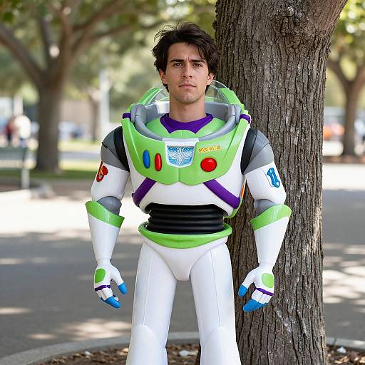 Photograph of a young man with dark hair, wearing a Buzz Lightyear costume, standing against a tree in a sunlit park.
