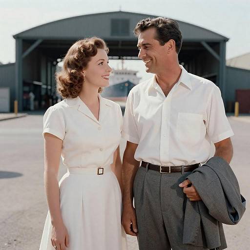 Smiling Couple at 1950s Shipyard