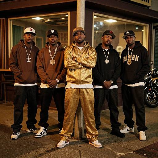 Photograph of five African-American men in streetwear, standing on a nighttime city sidewalk, wearing gold and black NY Yankees hats, gold and black jackets