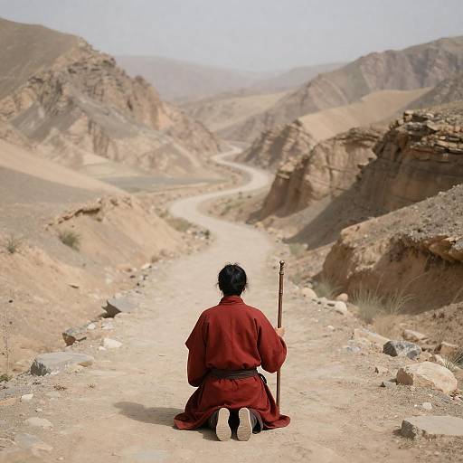 Person in Red Robe Kneeling on Desert Path