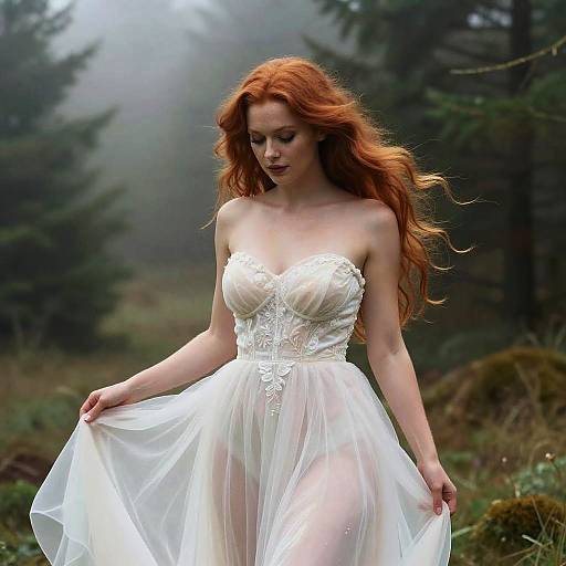 Photograph of a fair-skinned red-haired woman with long wavy hair, wearing a white, strapless, lace-embellished wedding dress