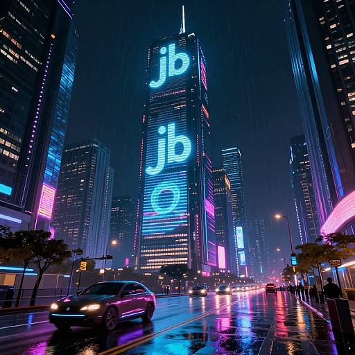 Neon-lit, rainy city street at night with glowing skyscrapers displaying large blue 