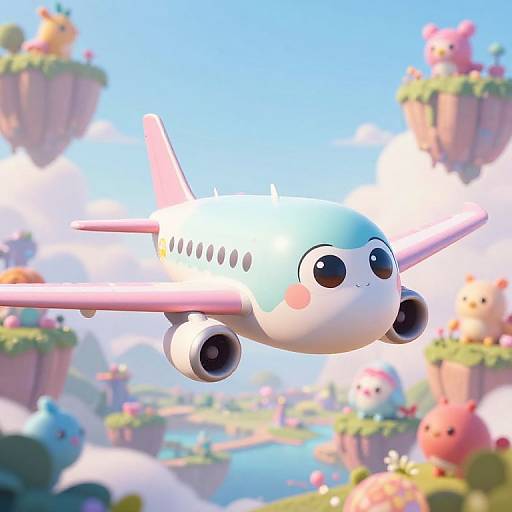 Cute, cartoon-style airplane with large eyes and pink cheeks flies over a vibrant, cloud-filled sky with floating, adorable animal-shaped islands. Digital art