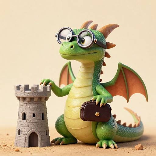 CGI image of a green cartoon dragon with glasses, orange wings, and a briefcase, standing beside a small stone castle on sandy ground.