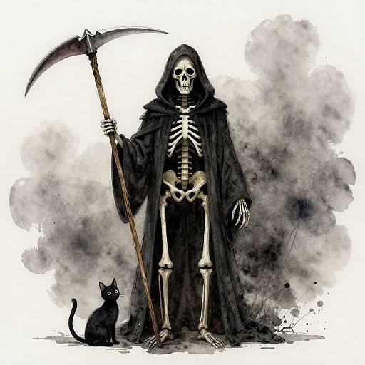 Watercolor Grim Reaper with Black Cat