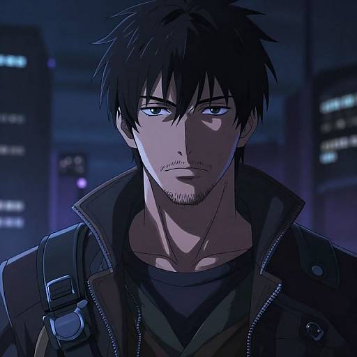 Digital anime-style portrait of a serious, blue-eyed, black-haired man with a goatee, wearing a dark jacket and backpack, set against a blue
