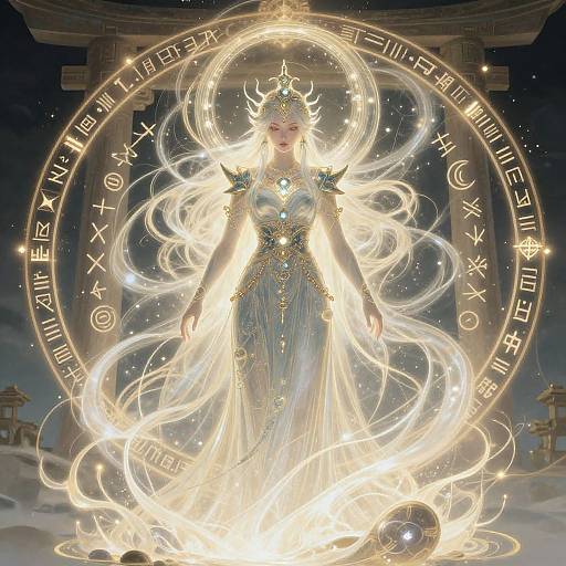 Digital artwork of a radiant, blonde, white-skinned goddess with golden horns, wearing an elaborate, glowing blue dress, standing within a mystical, circular