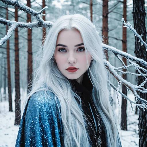 Portrait of Mystical Woman in Snowy Pine Forest