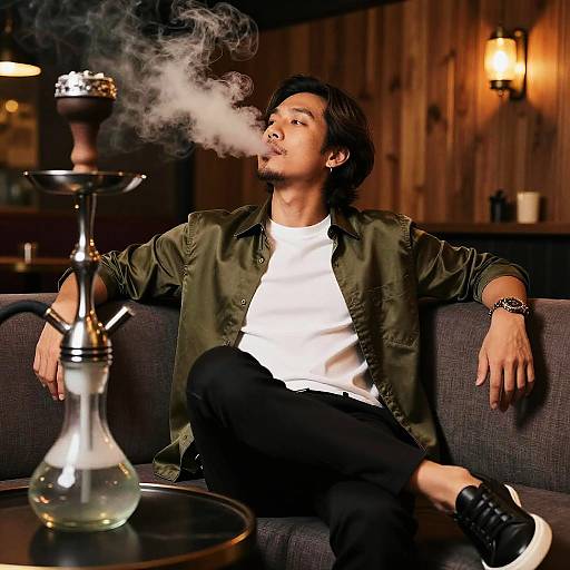 Stylish Man Smoking Shisha Indoors