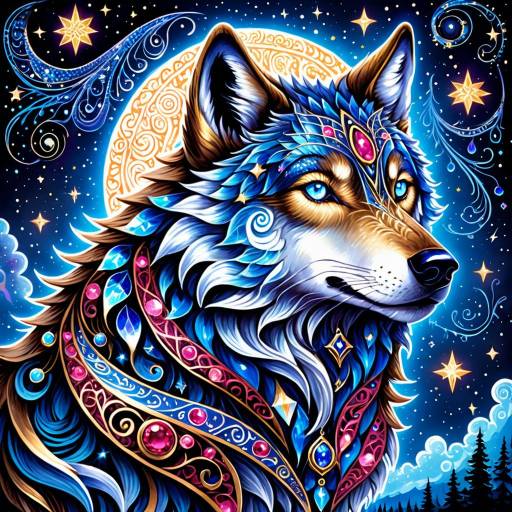 Mystical Wolf with Rubies and Stars