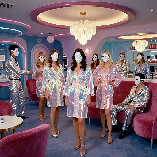 Photograph of a retro-style lounge featuring six people in silver foil dresses and matching silver suits, all wearing white masks, standing and sitting around plush red