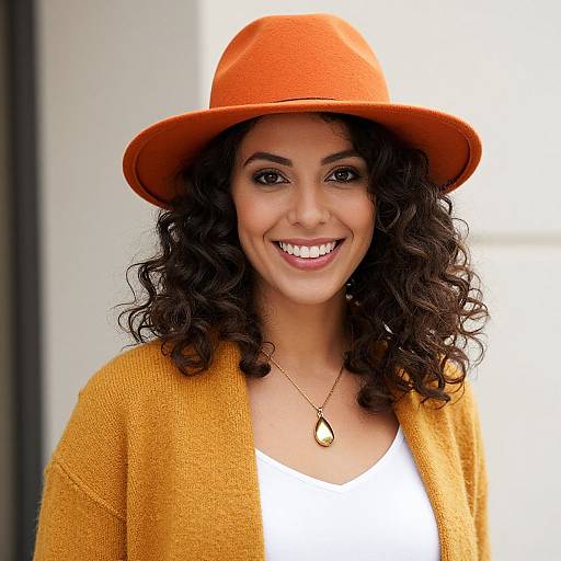 Photograph of a smiling woman with curly dark hair, wearing an orange hat, mustard cardigan, white top, and gold necklace.