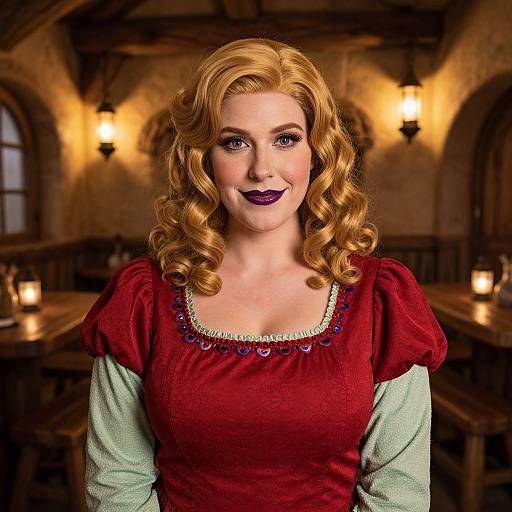 Photograph-style digital artwork of a smiling woman with curly blonde hair, wearing a red dress with green sleeves, in a warmly lit, rustic tavern.