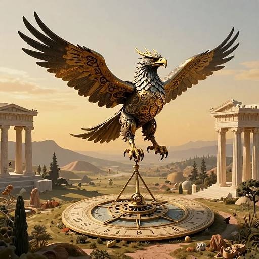 Photorealistic digital art of a golden, intricately detailed eagle with outstretched wings perched on an ancient sundial, surrounded by classical Greek